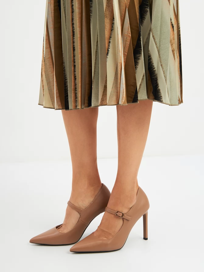 Платье с юбкой плиссе OD-883-2 коричневая с серой полосой