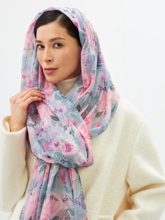 Палантин женский двусторонний с цветочным арт-деко принтом