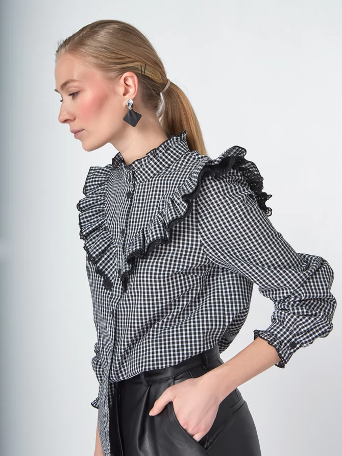 Блузка из хлопка с кружевом OD-896-1 ч/б клетка