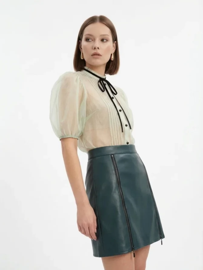 Юбка короткая из эко-кожи с молниями OD-1004-2 зеленый