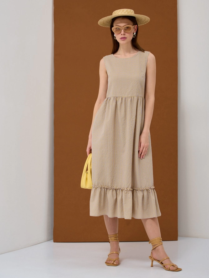 Платье миди из хлопка в желто-фиолетовую клетку OD-792-2