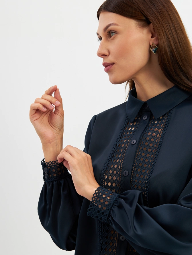 Блузка с кружевом OD-808-4 темно-синий