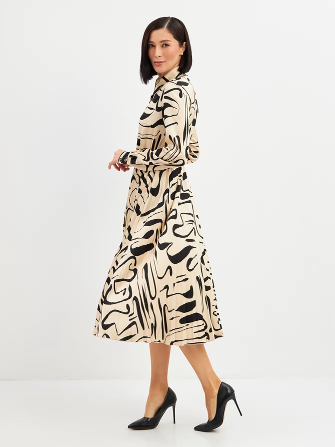 Платье с юбкой плиссе OD-883-3 бежевый с черными разводами