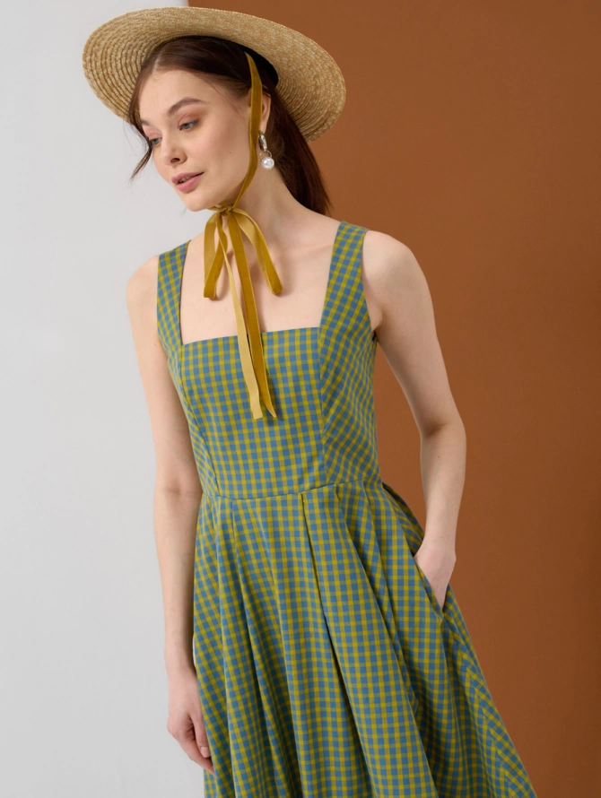 Платье хлопковое OD-799-1 в желто-голубую клетку