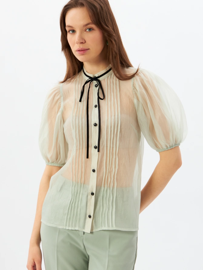 Блузка из органзы с бархатной завязкой и защипами серо-зеленая OD-951-2