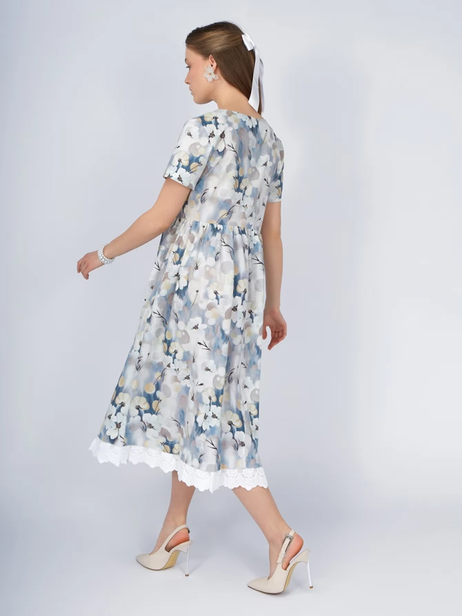 Платье из хлопка без воротника OD-727-9 крупные цветы на белом