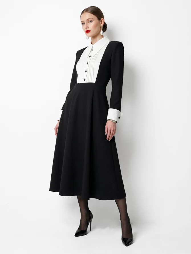 Платье черное из костюмной ткани с белой вставкой OD-1034-1