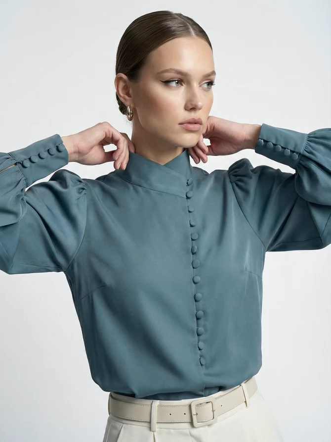 Блуза-косоворотка много пуговиц OD-550-14 серо-зеленый-голубой (морская волна)