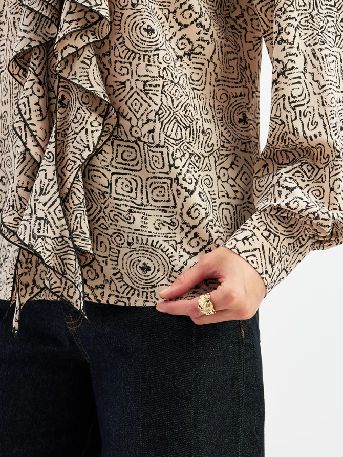 Блузка с отлетными рюшами OD-914-5 бежевый с черным