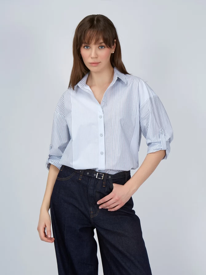 Рубашка полосатая хлопковая серо-голубая