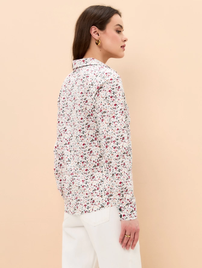 Рубашка из хлопка и штапеля с цветочным принтом и контрастной стойкой