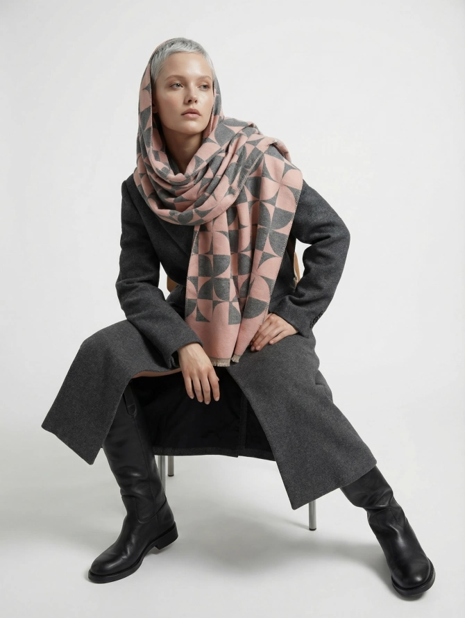 Палантин женский двусторонний с геометрическим узором (розовый/серый)