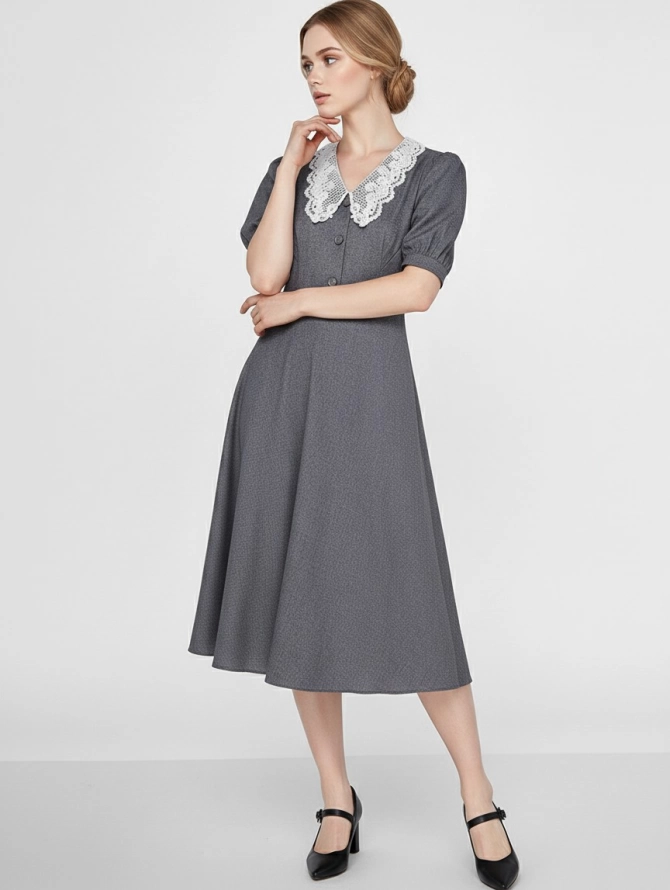 Платье с кружевным воротником OD-888-1 серый