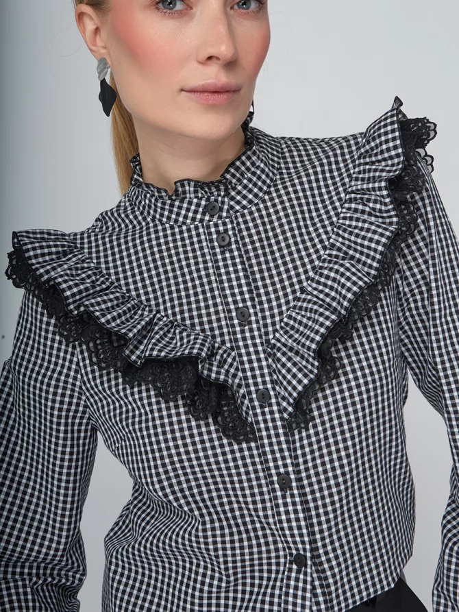 Блузка из хлопка с кружевом OD-896-1 ч/б клетка