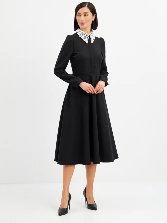 Платье с кружевным воротником потайная планка OD-886-1 черный