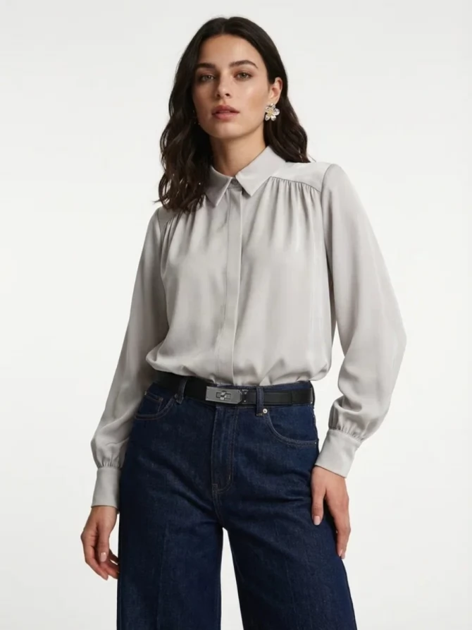 Блузка со сборкой и съемной пуговицей OD-971-2 серо-коричневый