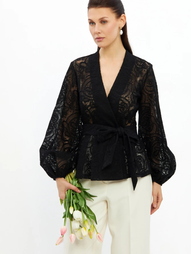 Блузка из кружева с баской и поясом OD-1033-2 черный