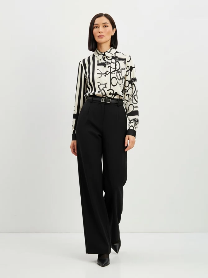 Блузка из атласной ткани  OD-887-1 черно-белая