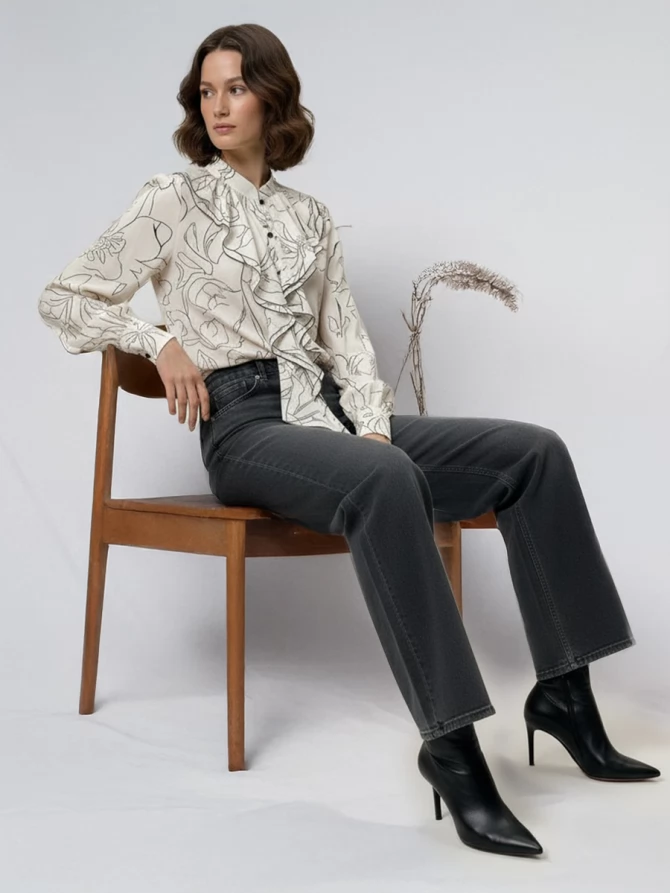 Блузка с отлетными рюшами OD-914-6 молочный с черным