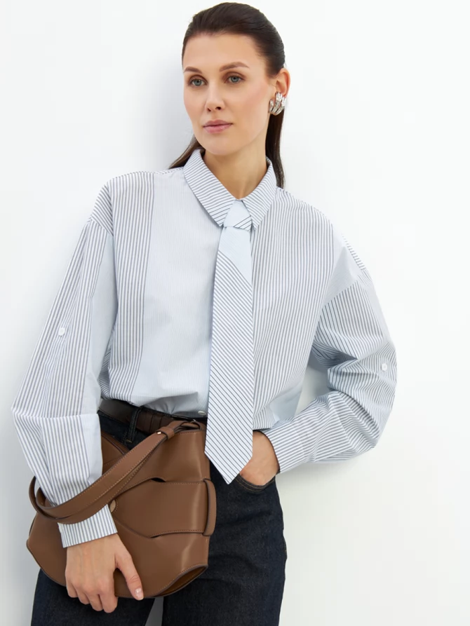 Рубашка полоса с галстуком OD-918-2 серо-голубая