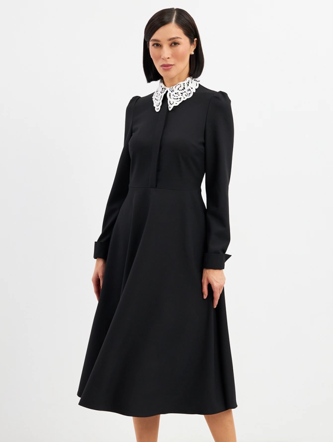 Платье с кружевным воротником, потайная планка, черный