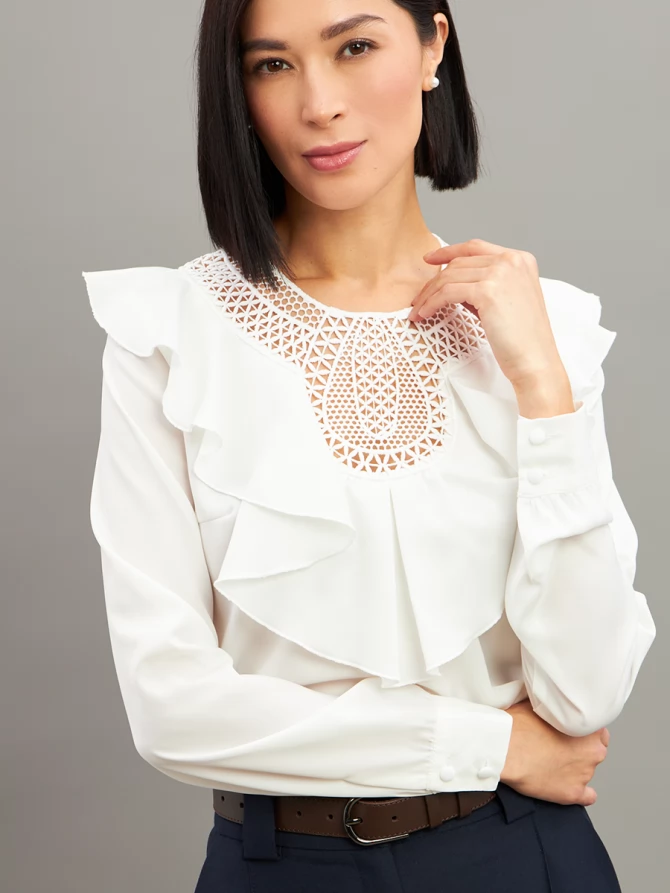 Блузка со вставкой из кружева и рюшей OD-1000-1 белый