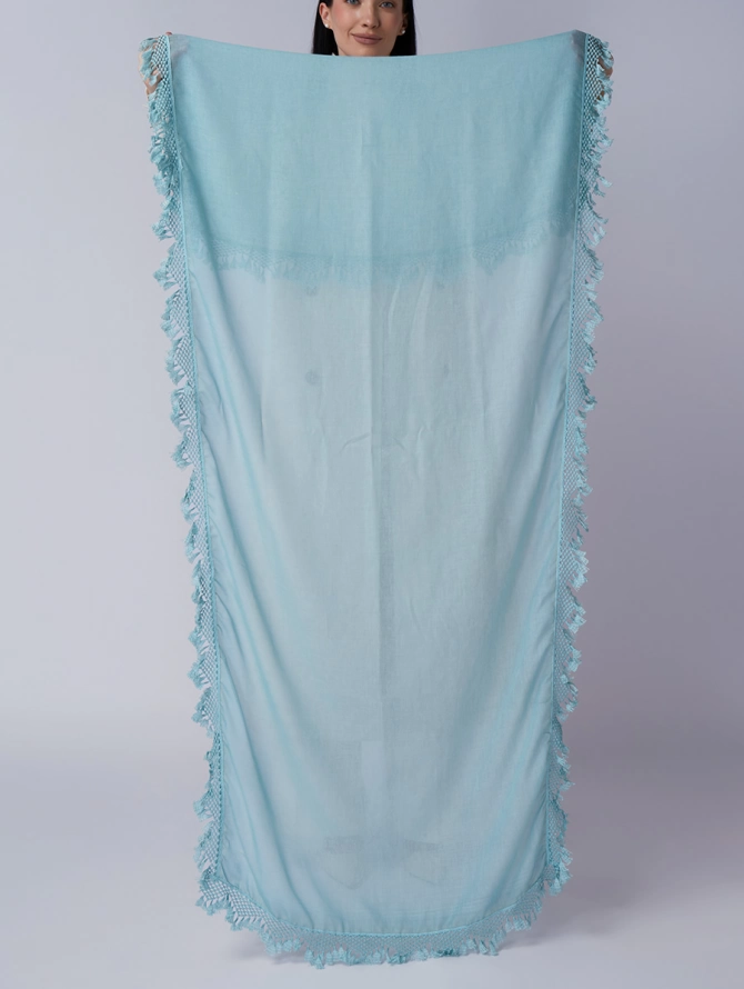 Палантин женский мятный с ажурной бахромой