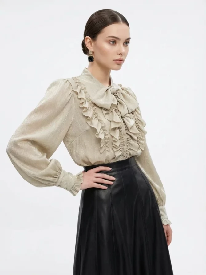 Блузка с рюшами и воротником-завязка OD-988-2 бежевый