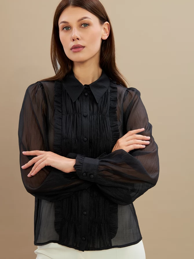 Блузка из органзы со сборкой OD-928-2 черный