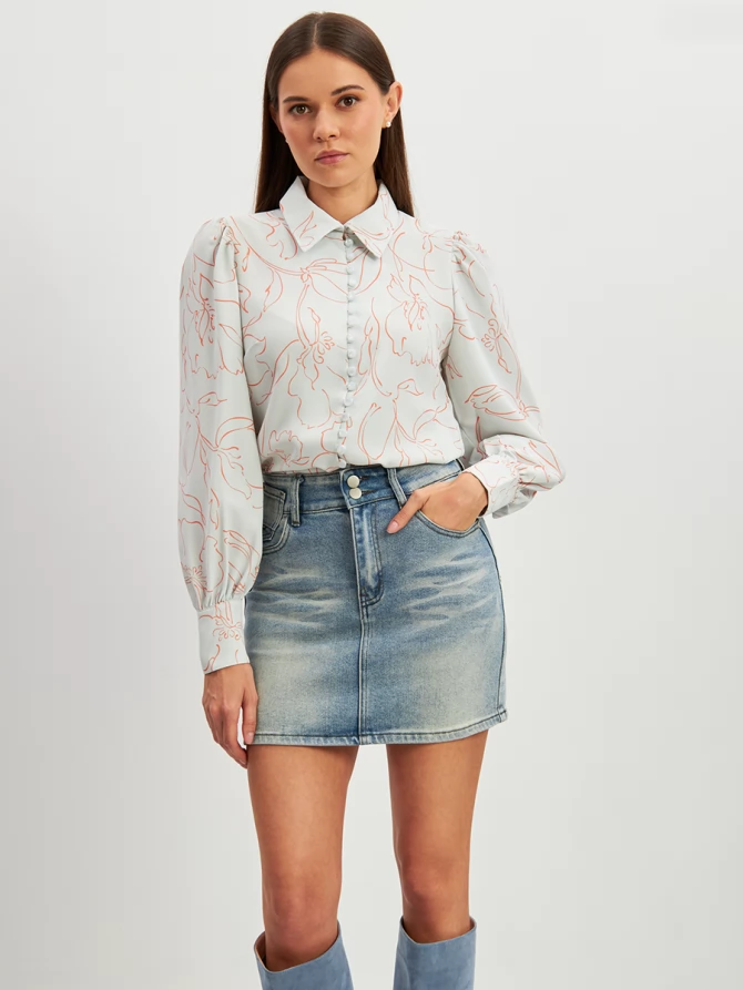 Блузка с принтом OD-639-26 голубая оранжевый цветок