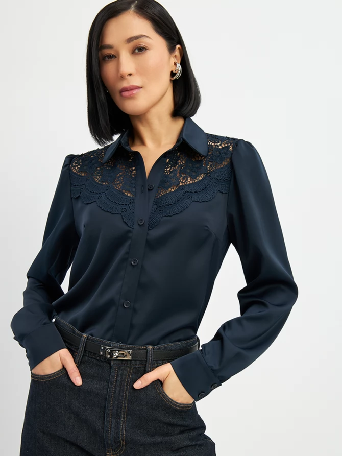 Блузка с кружевом на полочке OD-892-2 т.синий