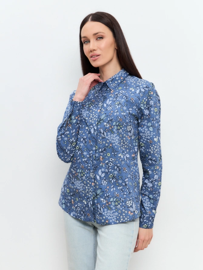 Блузка классическая с контрастной стойкой OD-737-13 джинс