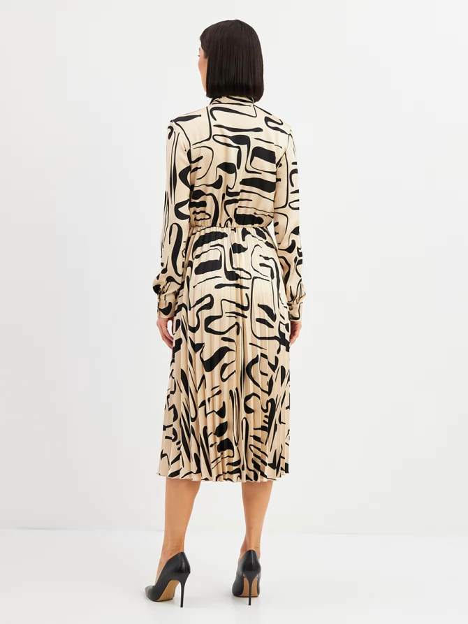 Платье с юбкой плиссе OD-883-3 бежевый с черными разводами