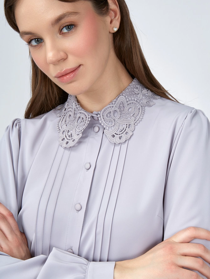 Блузка с кружевным воротником и защипами, светло-сиреневая OD-913-2