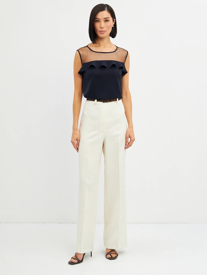 Блузка без рукавов с сеткой и воланом темно-синяя