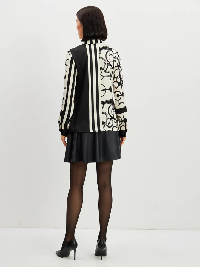 Блузка из атласной ткани  OD-887-1 черно-белая