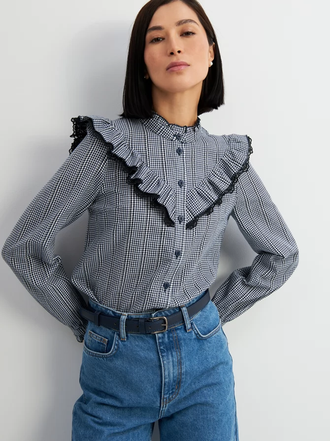 Блузка из хлопка с кружевом OD-896-2 сине- белая мелкая клетка