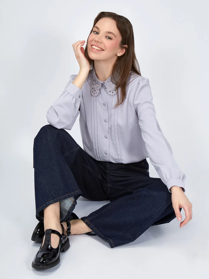 Блузка с воротником из кружева и защипами OD-913-2 св.сиреневый