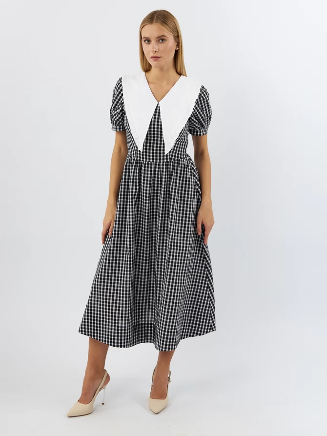 Платьеиз хлопка с большим контрастным воротником OD-935-1 клетка ч/б