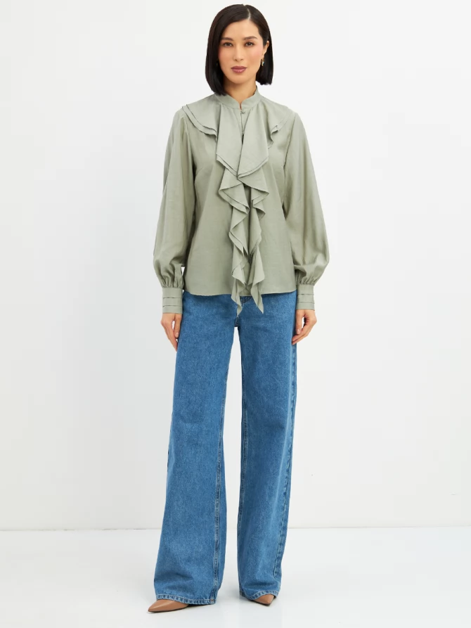 Блузкас отлетными рюшами OD-914-3 полынь