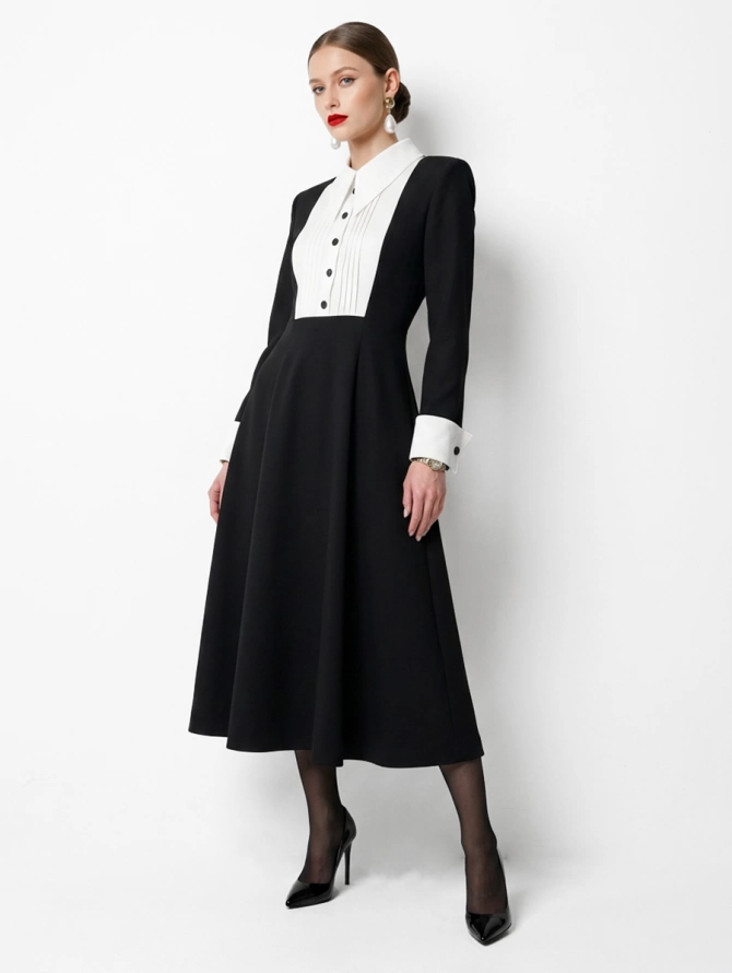 Платье черное из костюмной ткани с белой вставкой OD-1034-1