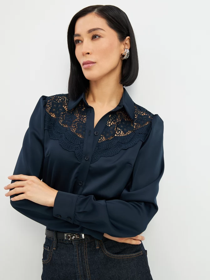 Блузка с кружевом на полочке OD-892-2 т.синий
