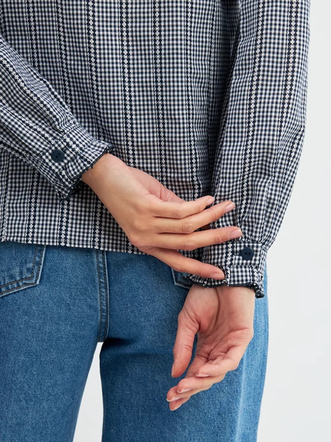 Блузка из хлопка с кружевом OD-896-2 сине- белая мелкая клетка