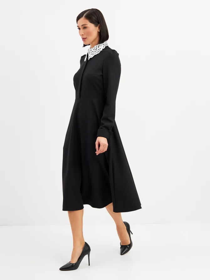 Платье с кружевным воротником потайная планка OD-886-1 черный