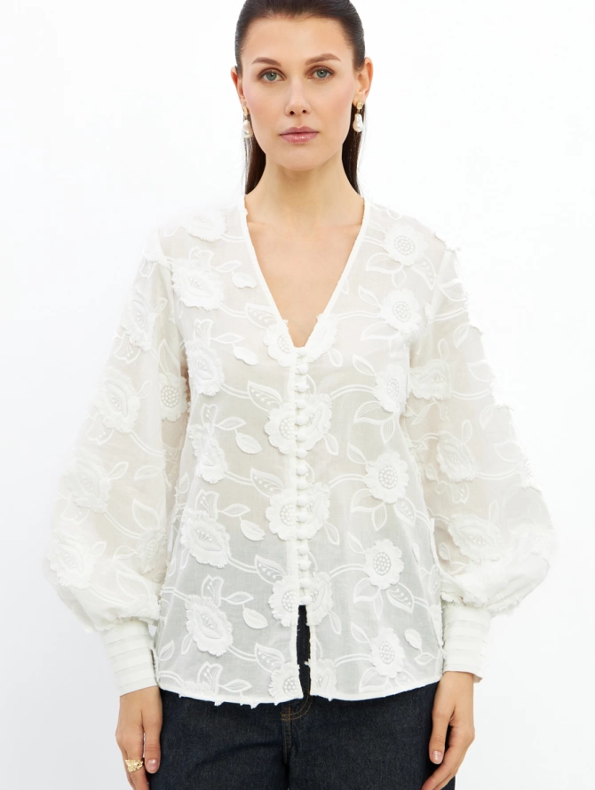 Блуза с обьемной вышивкой OD-987-1 белый ( обьемный цветок)