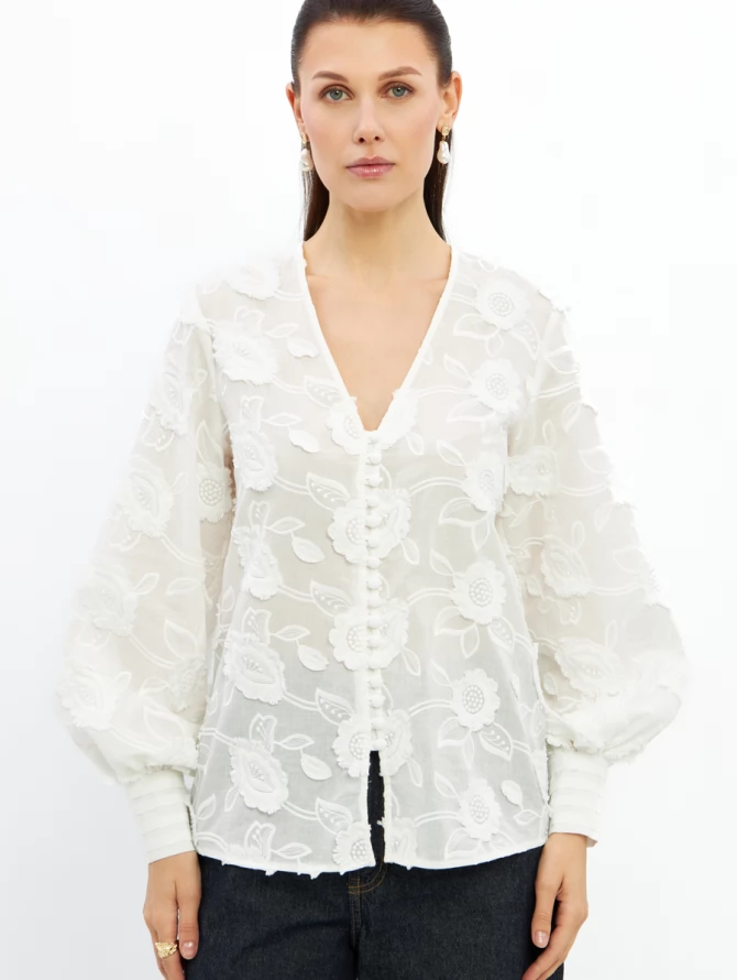 Блуза с обьемной вышивкой OD-987-1 белый ( обьемный цветок)