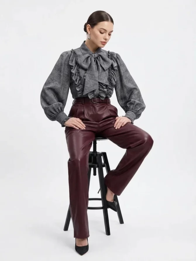 Блузка с рюшами и воротником-завязка OD-988-1 графит