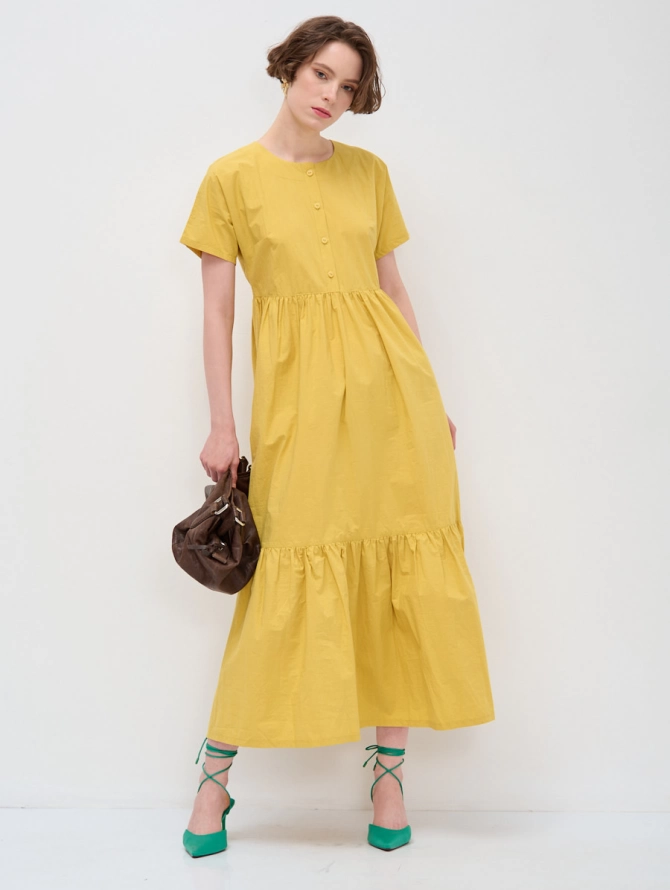 Платье хлопковое миди со спущенной проймой и воланом, цвет горчица