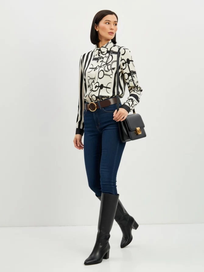 Блузка из атласной ткани  OD-887-1 черно-белая