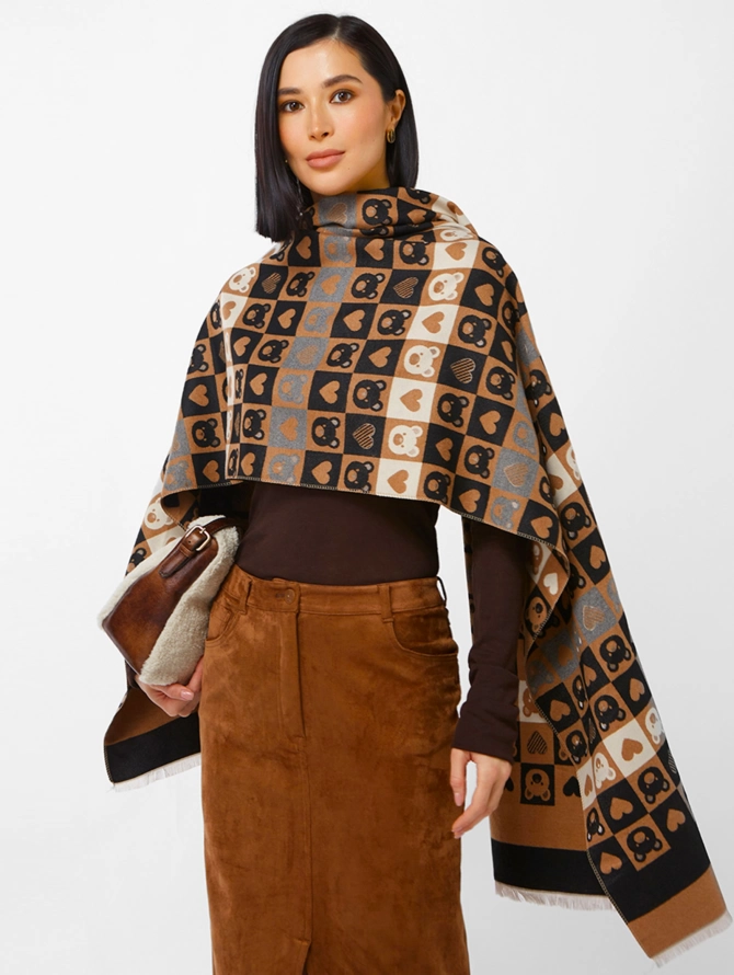 Палантин женский двусторонний с принтом 'Мишки и Сердца'